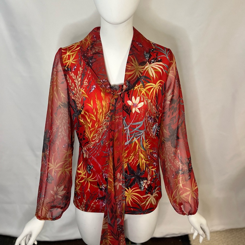 ❤️Red Vintage Sheer Lantern Sleeve Bamboo Top #gucci #valentines - Picture 1 of 6